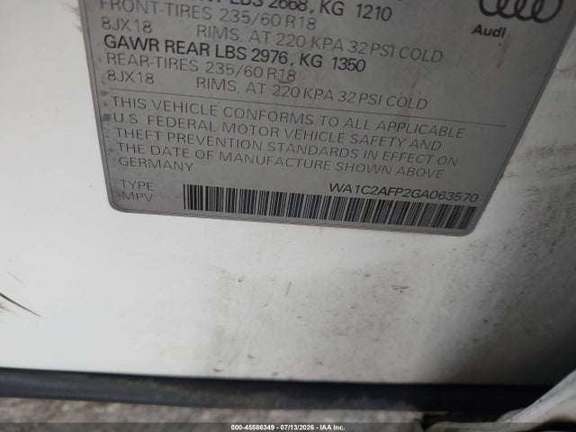 45586349 :رقم المزاد ، WA1C2AFP2GA063570 vin ، 2016 Audi Q5 2.0t Premium مزاد بيع
