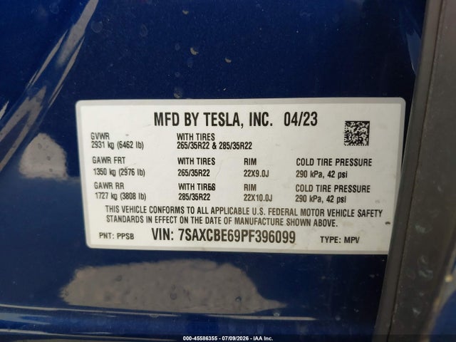 Tesla Model X Plaid Tri Motor All-wheel Drive 2023 7SAXCBE69PF396099 Image 9