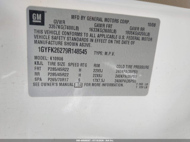 2009 Cadillac Escalade Esv Standard მანქანა იყიდება აუქციონზე, vin: 1GYFK26279R148545, აუქციონის ნომერი: 45586357