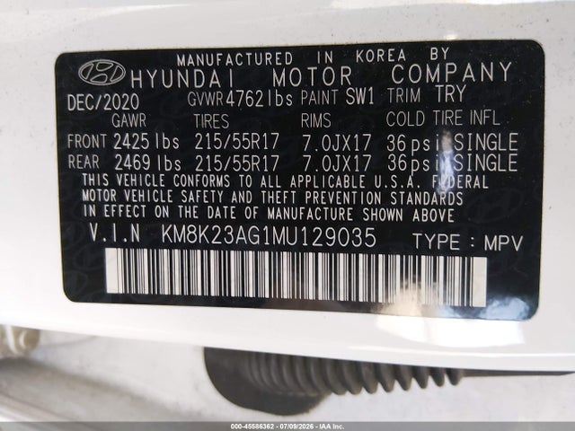 2021 Hyundai Kona Electric Sel მანქანა იყიდება აუქციონზე, vin: KM8K23AG1MU129035, აუქციონის ნომერი: 45586362