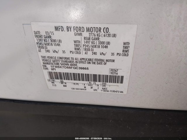 Ford EXPLORER XLT 2015 1FM5K7D88FGC39865 Image 9