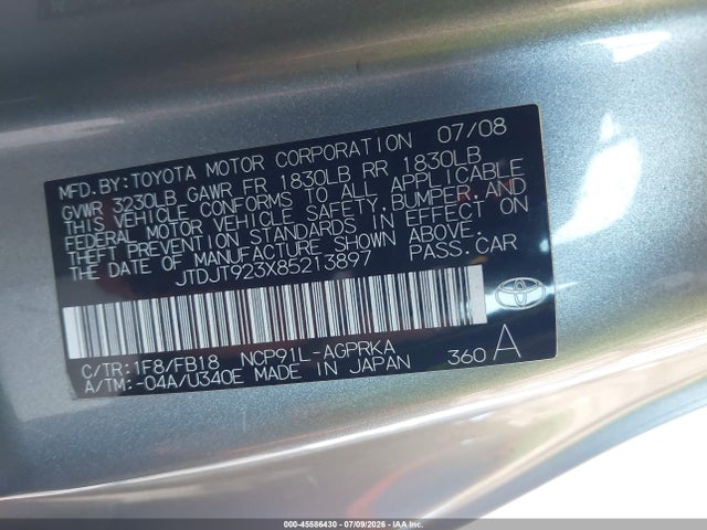 Aukcja sprzedaży 2008 Toyota Yaris, vin: JTDJT923X85213897, numer aukcji: 45586430