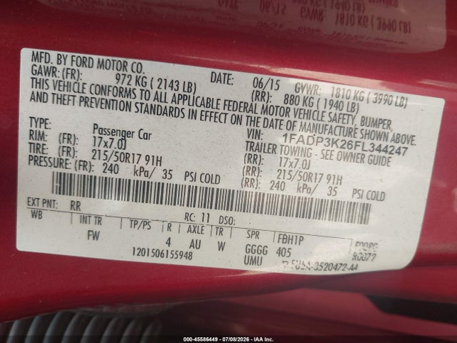 Auction sale of the 2015 Ford Focus Se, vin: 1FADP3K26FL344247, lot number: 45586449