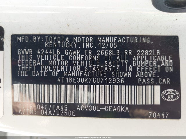 Продажа на аукционе авто 2006 Toyota Camry Xle, vin: 4T1BE30K76U712936, номер лота: 45586456
