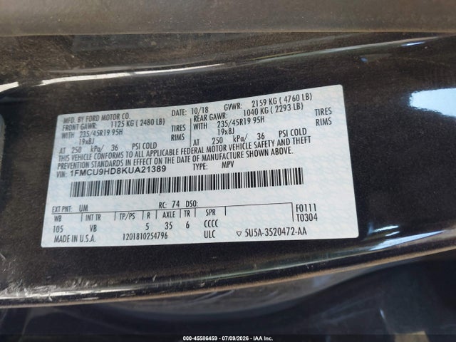 Ford ESCAPE SEL 2019 1FMCU9HD8KUA21389 Image 9