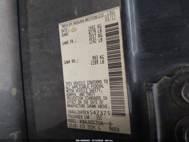 2012 Nissan Altima 2.5 S მანქანა იყიდება აუქციონზე, vin: 1N4AL2AP0CN542375, აუქციონის ნომერი: 45586467