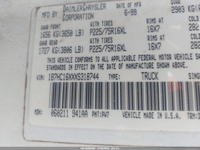 Aukcja sprzedaży 1999 Dodge Ram 1500 St/work Special, vin: 1B7HC16XXXS318744, numer aukcji: 45586469