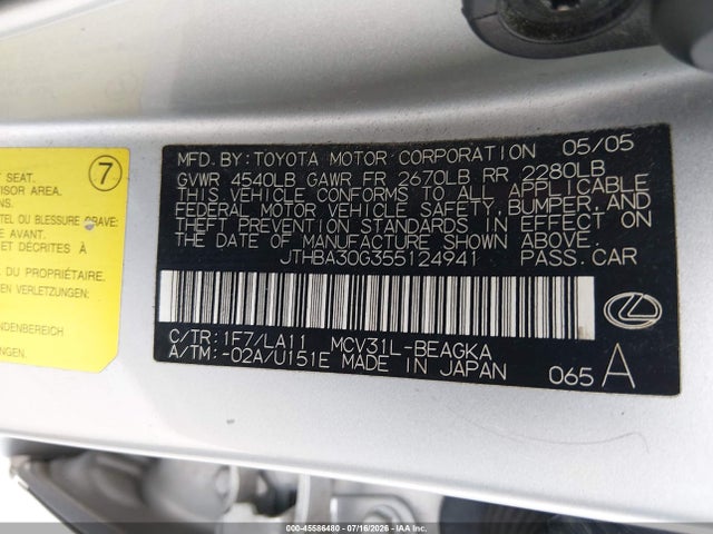 Продажа на аукционе авто 2005 Lexus Es 330, vin: JTHBA30G355124941, номер лота: 45586480