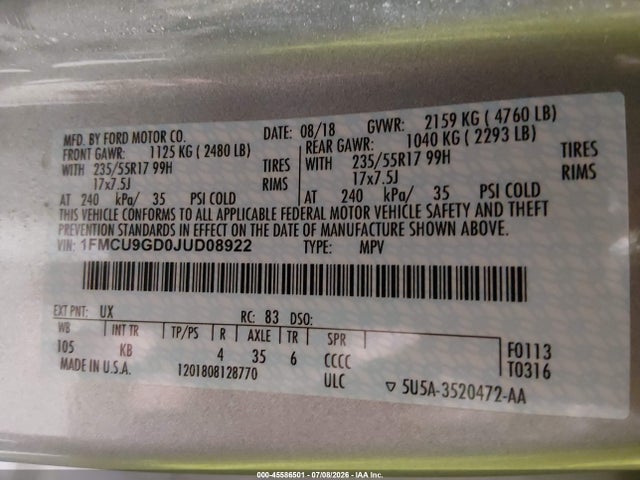 1FMCU9GD0JUD08922 Ford ESCAPE SE