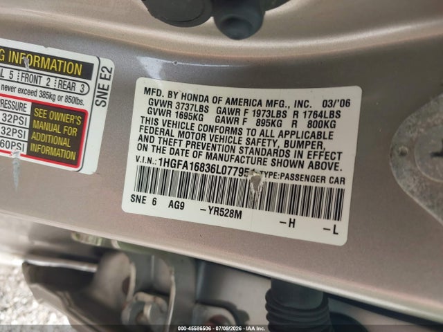 2006 Honda Civic Ex მანქანა იყიდება აუქციონზე, vin: 1HGFA16836L077951, აუქციონის ნომერი: 45586506