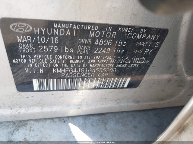 Aukcja sprzedaży 2016 Hyundai Azera, vin: KMHFG4JG1GA555208, numer aukcji: 45586542