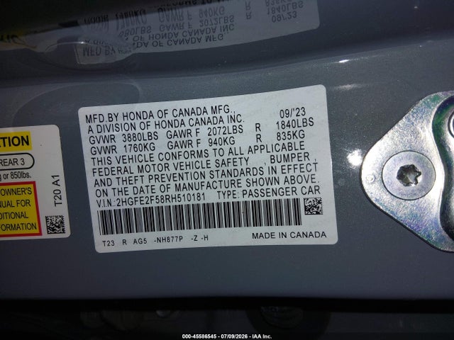 Honda Civic Sport 2024 2HGFE2F58RH510181 Image 9