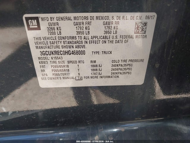 Продажа на аукционе авто 2017 Chevrolet Silverado 1500 Lt, vin: 3GCUKREC0HG468000, номер лота: 45586566