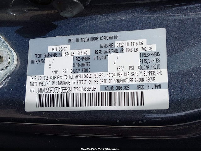 45586567 :رقم المزاد ، JM1NC26F070136529 vin ، 2007 Mazda Mx-5 Grand Touring مزاد بيع