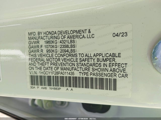 2023 Honda Accord Lx მანქანა იყიდება აუქციონზე, vin: 1HGCY1F28PA011435, აუქციონის ნომერი: 45586597