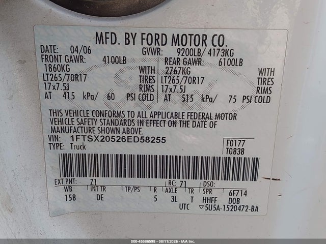 Продаж на аукціоні авто 2006 Ford F-250 Lariat/xl/xlt, vin: 1FTSX20526ED58255, номер лоту: 45586598