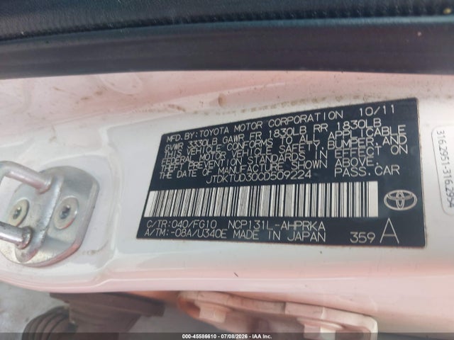 45586610 :رقم المزاد ، JTDKTUD30CD509224 vin ، 2012 Toyota Yaris L مزاد بيع