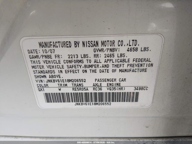 2008 Infiniti G35 Journey მანქანა იყიდება აუქციონზე, vin: JNKBV61E18M206552, აუქციონის ნომერი: 45586614