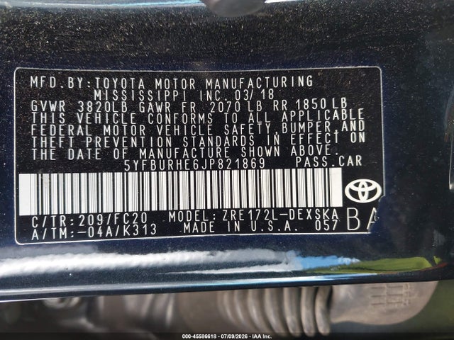 Toyota COROLLA SE 2018 5YFBURHE6JP821869 Image 9