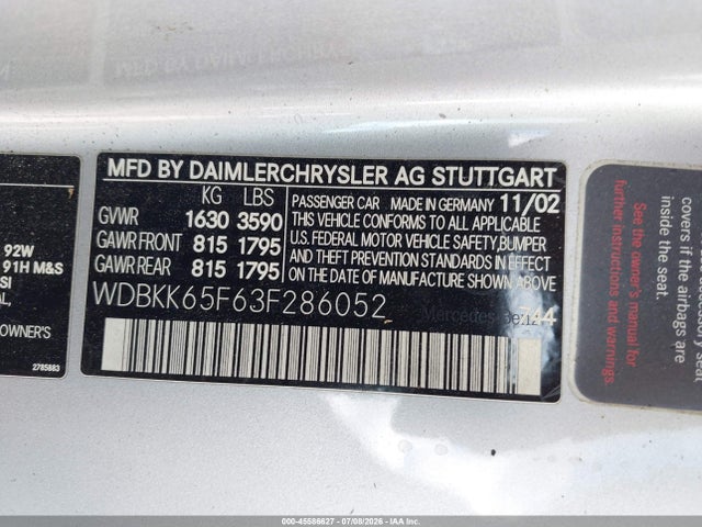45586627 :رقم المزاد ، WDBKK65F63F286052 vin ، 2003 Mercedes-benz Slk 320 مزاد بيع