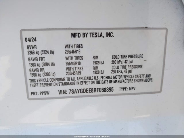 45586649 :رقم المزاد ، 7SAYGDEE8RF068395 vin ، 2024 Tesla Model Y Long Range Dual Motor All-wheel Drive مزاد بيع