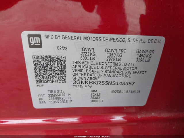 3GNKBKRS5NS143357 Chevrolet Blazer Awd Rs