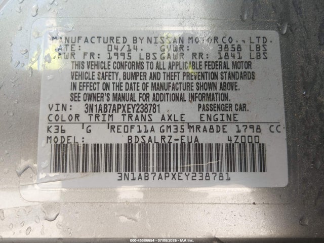 Nissan SENTRA SR 2014 3N1AB7APXEY238781 Image 9