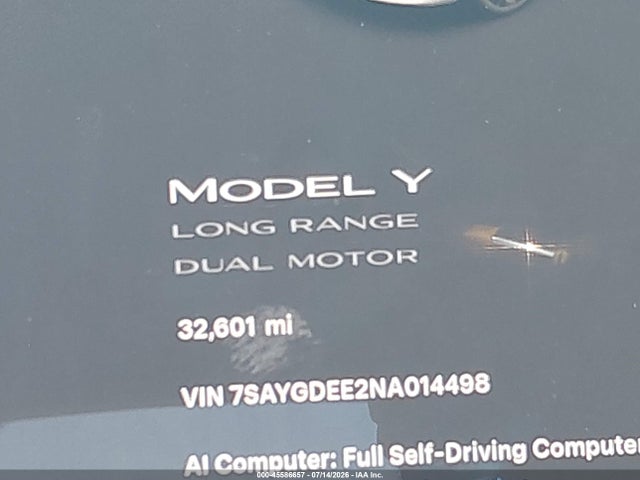 Aukcja sprzedaży 2022 Tesla Model Y Long Range Dual Motor All-wheel Drive, vin: 7SAYGDEE2NA014498, numer aukcji: 45586657