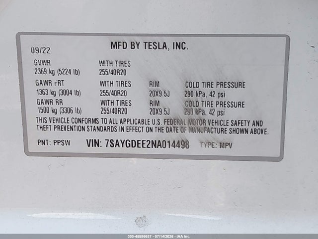 Aukcja sprzedaży 2022 Tesla Model Y Long Range Dual Motor All-wheel Drive, vin: 7SAYGDEE2NA014498, numer aukcji: 45586657