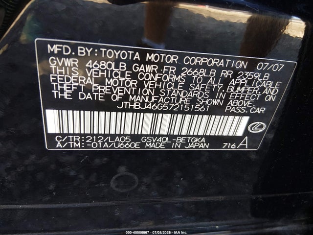 Aukcja sprzedaży 2007 Lexus Es 350, vin: JTHBJ46G572151561, numer aukcji: 45586667