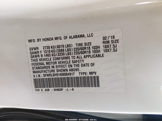 Honda ODYSSEY EX 2019 5FNRL6H51KB084917 Image 9