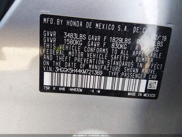 3HGGK5H44KM721369 Honda FIT LX
