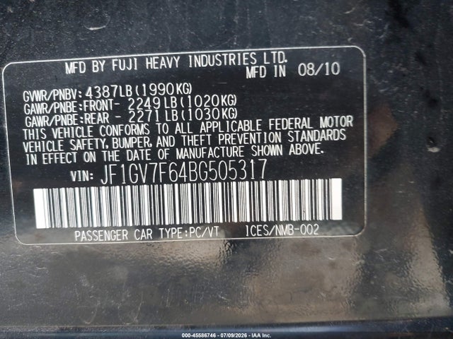 Aukcja sprzedaży 2011 Subaru Impreza Wrx Premium, vin: JF1GV7F64BG505317, numer aukcji: 45586746
