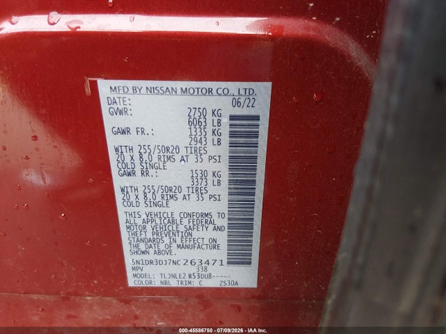2022 Nissan Pathfinder Platinum 4wd მანქანა იყიდება აუქციონზე, vin: 5N1DR3DJ7NC263471, აუქციონის ნომერი: 45586750