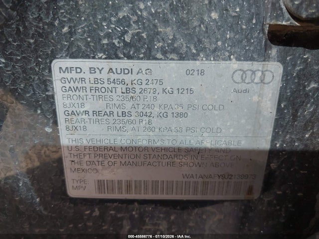Aukcja sprzedaży 2018 Audi Q5, vin: WA1ANAFY9J2139973, numer aukcji: 45586776