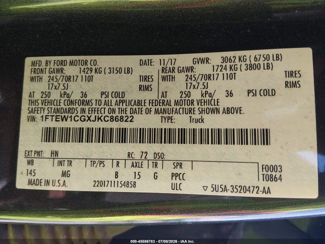 Aukcja sprzedaży 2018 Ford F-150 Xlt, vin: 1FTEW1CGXJKC86822, numer aukcji: 45586783
