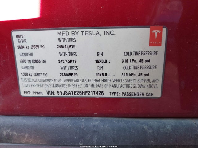 45586788 :رقم المزاد ، 5YJSA1E26HF217426 vin ، 2017 Tesla Model S 100d/60d/75d/90d/p100d مزاد بيع