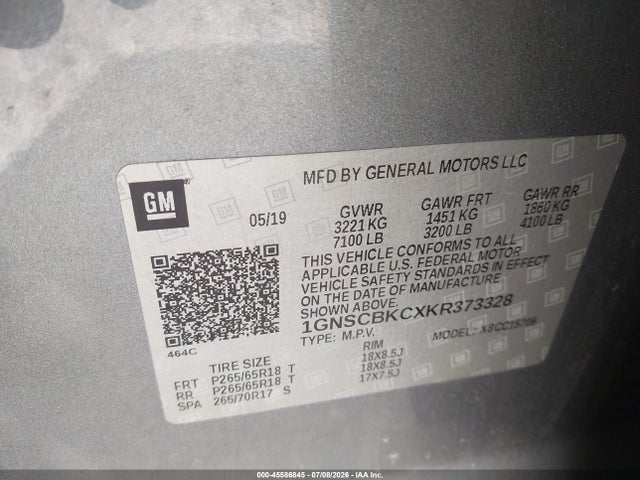 Auction sale of the 2019 Chevrolet Tahoe Lt, vin: 1GNSCBKCXKR373328, lot number: 45586845