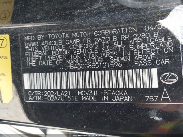 2005 Lexus Es 330 მანქანა იყიდება აუქციონზე, vin: JTHBA30G855121596, აუქციონის ნომერი: 45586874