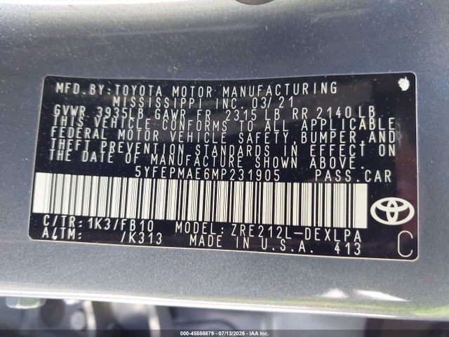 5YFEPMAE6MP231905 Toyota COROLLA LE