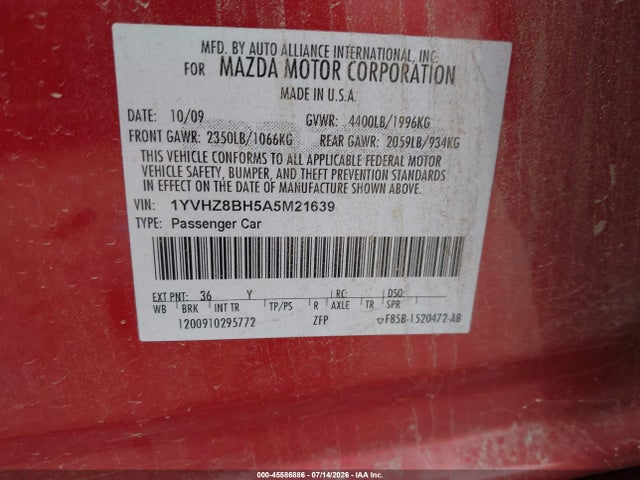 45586886 :رقم المزاد ، 1YVHZ8BH5A5M21639 vin ، 2010 Mazda Mazda6 I Sport مزاد بيع