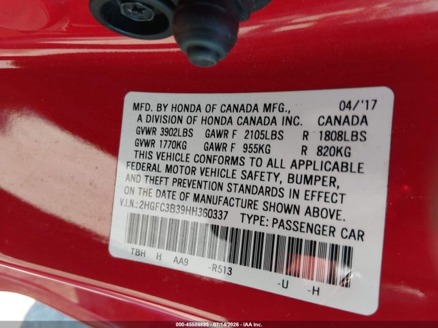 Aukcja sprzedaży 2017 Honda Civic Ex-t, vin: 2HGFC3B39HH360337, numer aukcji: 45586895