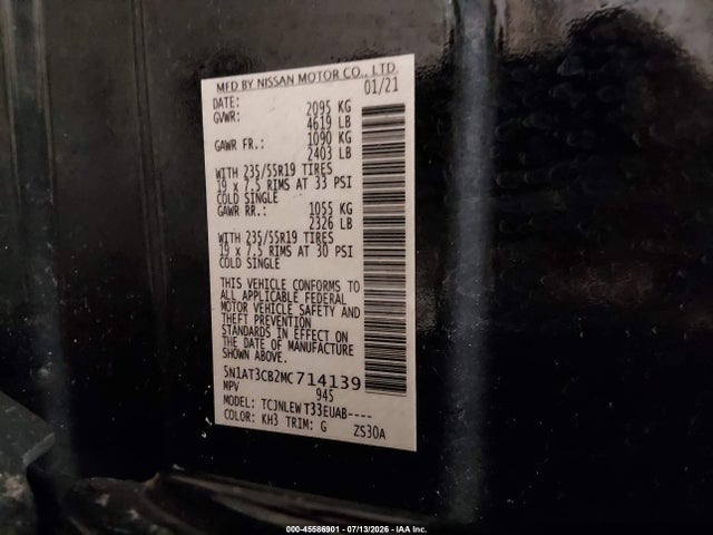 2021 Nissan Rogue Sl Intelligent Awd მანქანა იყიდება აუქციონზე, vin: 5N1AT3CB2MC714139, აუქციონის ნომერი: 45586901