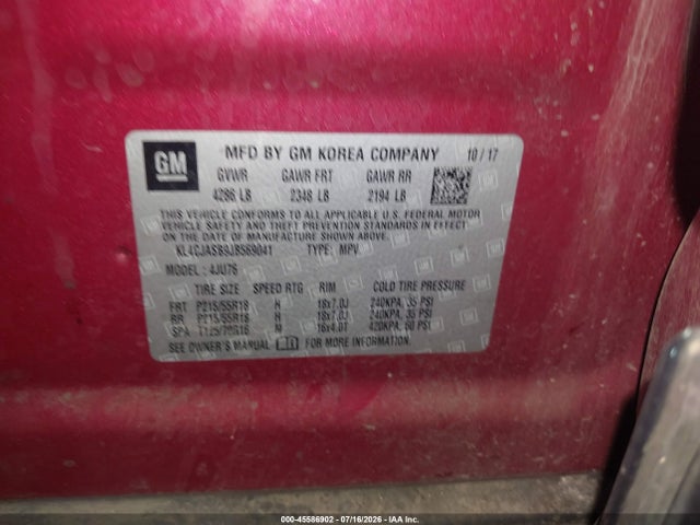 45586902 :رقم المزاد ، KL4CJASB9JB569041 vin ، 2018 Buick Encore Preferred مزاد بيع