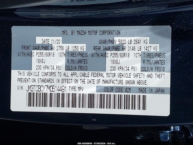 Aukcja sprzedaży 2021 Mazda Cx-9 Touring, vin: JM3TCBCY7M0514491, numer aukcji: 45586906