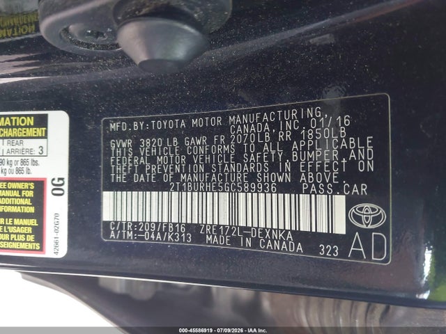 Toyota COROLLA LE 2016 2T1BURHE5GC589936 Image 9