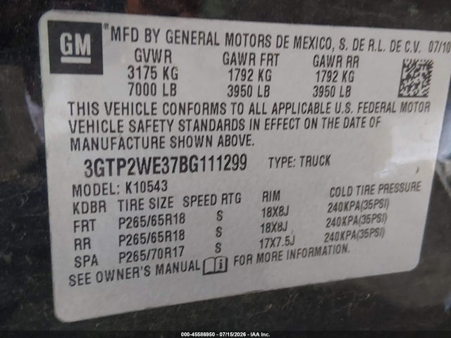 2011 Gmc Sierra 1500 Slt მანქანა იყიდება აუქციონზე, vin: 3GTP2WE37BG111299, აუქციონის ნომერი: 45586950