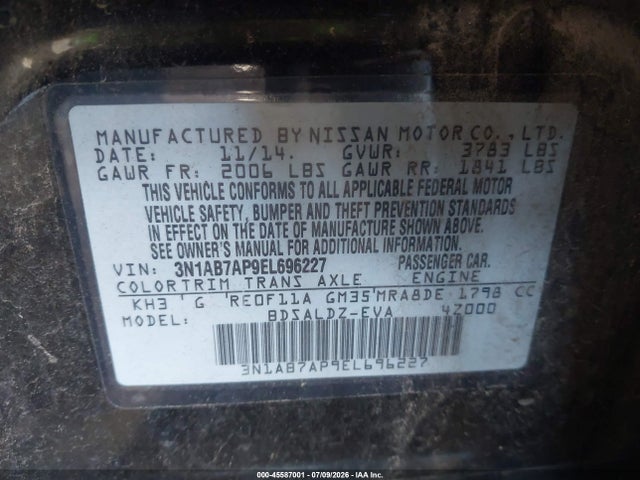 2014 Nissan Sentra Sv მანქანა იყიდება აუქციონზე, vin: 3N1AB7AP9EL696227, აუქციონის ნომერი: 45587001
