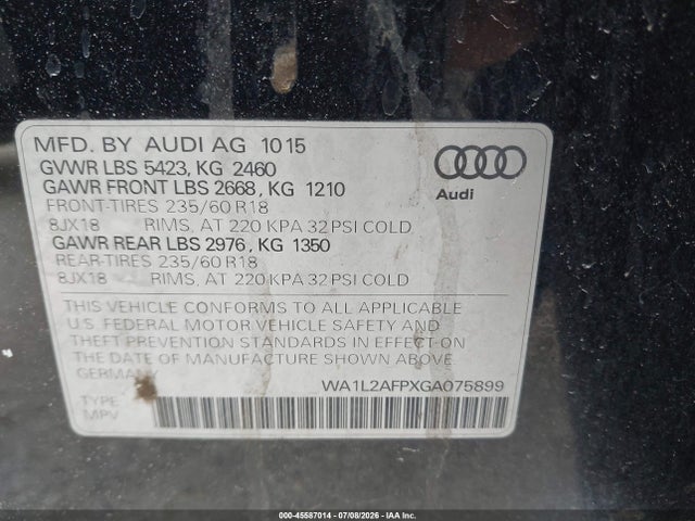 2016 Audi Q5 2.0t Premium მანქანა იყიდება აუქციონზე, vin: WA1L2AFPXGA075899, აუქციონის ნომერი: 45587014