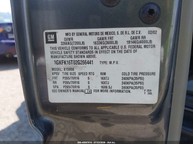 Aukcja sprzedaży 2002 Gmc Yukon Xl 1500 Slt, vin: 3GKFK16T02G266441, numer aukcji: 45587018